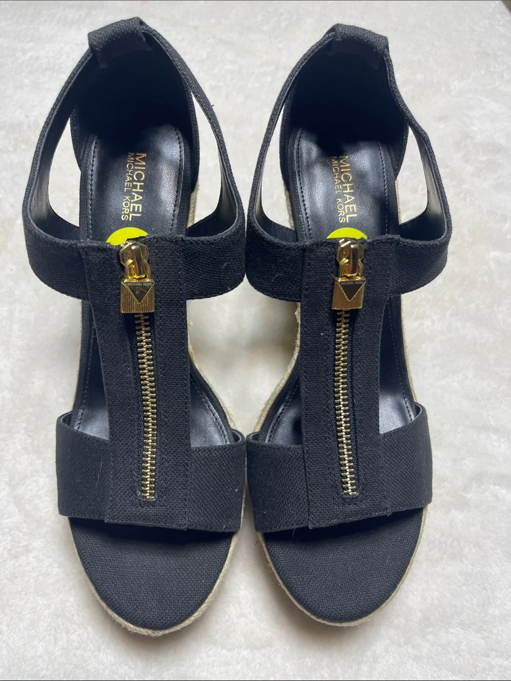 Michael Kors Black Canvas Wedge Espadrilles with Front Zip Size 9